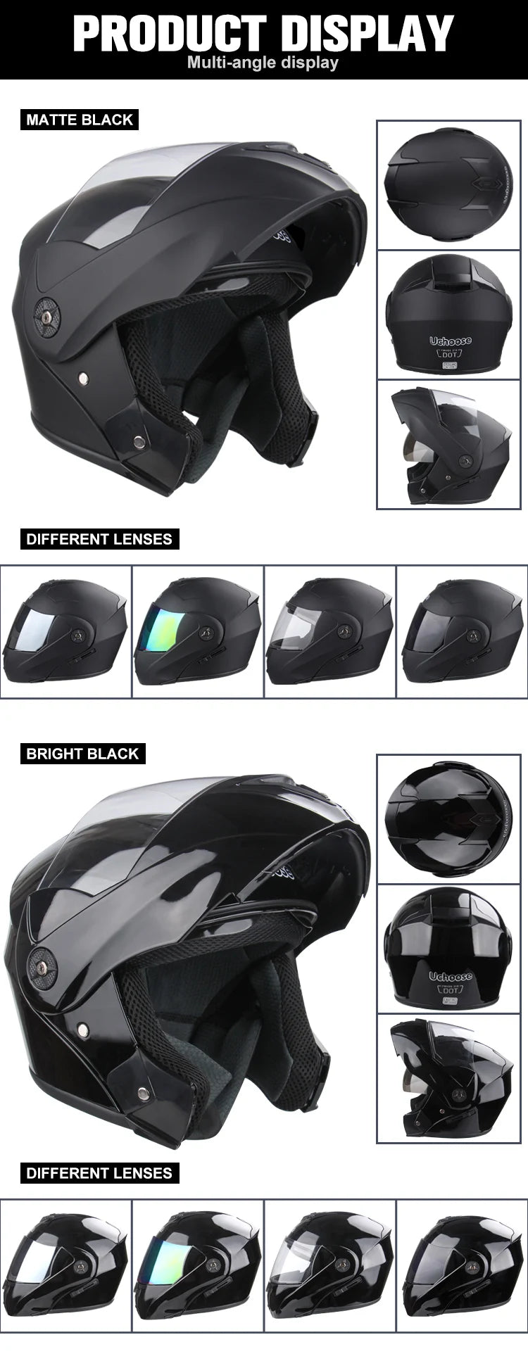 DOT Certification Uchoose Motorcycle Helmet Double Lens Cross Section Helmet Safety Modular Flip Helm Unisex Helmet With Visor