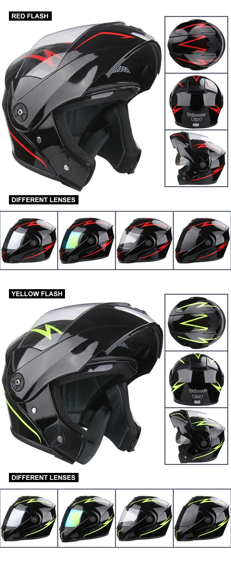 DOT Certification Uchoose Motorcycle Helmet Double Lens Cross Section Helmet Safety Modular Flip Helm Unisex Helmet With Visor