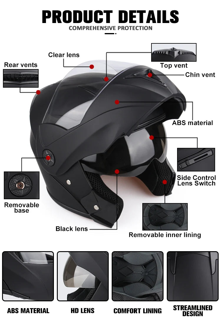 DOT Certification Uchoose Motorcycle Helmet Double Lens Cross Section Helmet Safety Modular Flip Helm Unisex Helmet With Visor