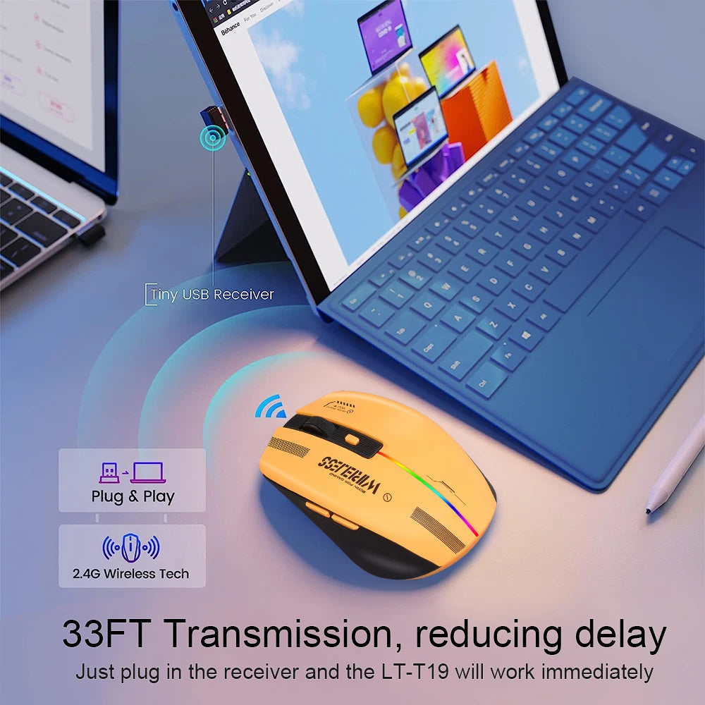 LT-T19 Ergonomic Rechargeable Gaming Mouse USB 2.4G Wireless RGB Light Desktop PC Computers Notebook Laptop Mice