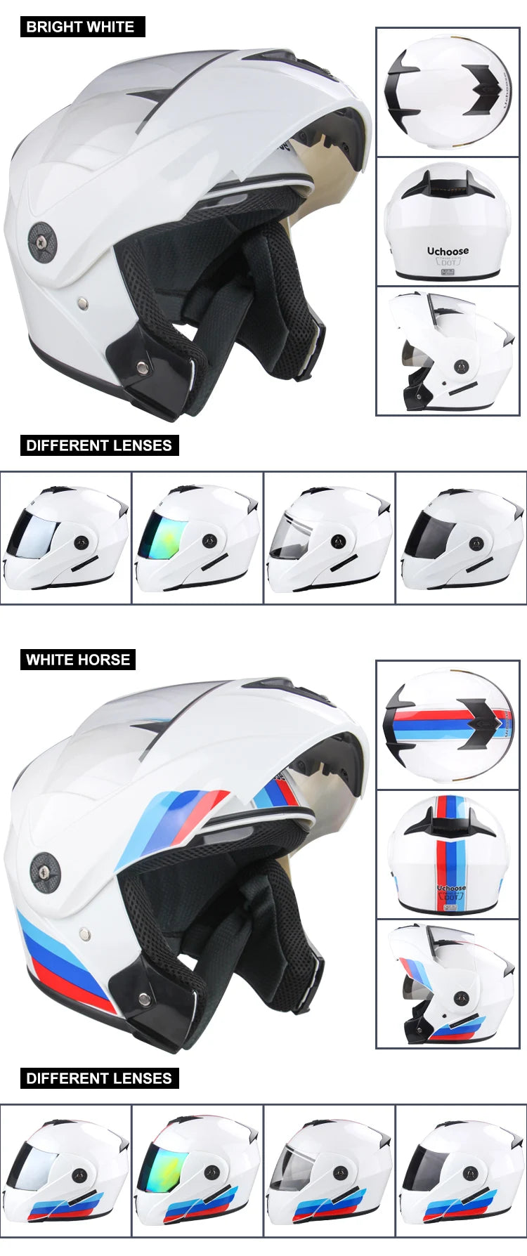 DOT Certification Uchoose Motorcycle Helmet Double Lens Cross Section Helmet Safety Modular Flip Helm Unisex Helmet With Visor